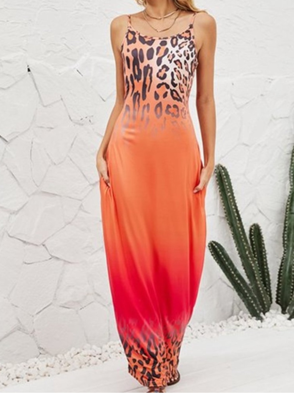 Spaghetti Strap Orange Ombre Leopard Maxi Dress